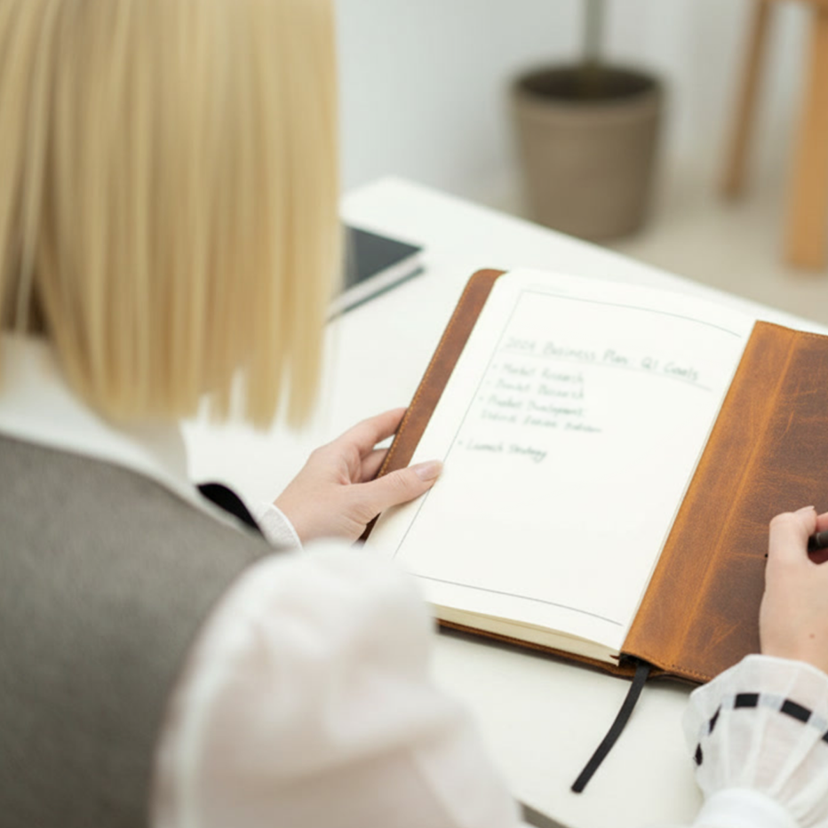 Jessica Gwynne writing in a notebook.