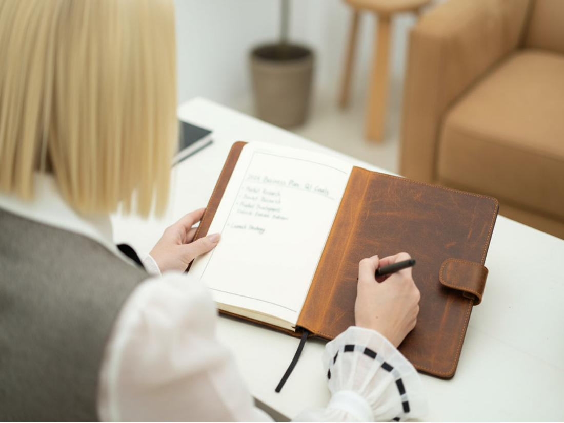 Notebook and planner on a desk.